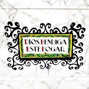 Antique Spanish CeramicTile Sign Dios Bendiga Este Hogar Wrought Iron Scrollwork